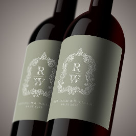 Etiqueta Para Botella De Vino Escudo de monograma vintage Nombres Boda verde sab