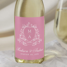 Etiqueta Para Botella De Vino Escudo floral elegante Monograma Boda rosa