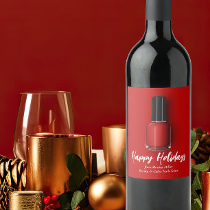 Etiqueta Para Botella De Vino Esmalte de uñas rojo Felices Fiestas Salón de bell