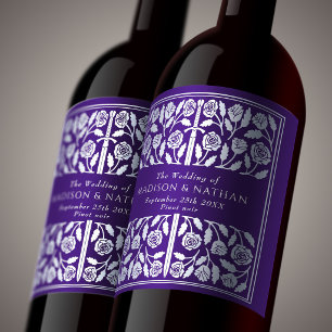 Etiqueta Para Botella De Vino Espada Medieval Real Púrpura Plateada para Boda