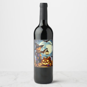 Etiqueta Para Botella De Vino Espantapájaros y calabazas de Halloween