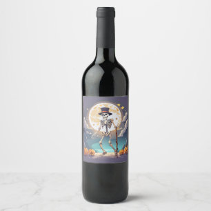 Etiqueta Para Botella De Vino Esqueleto Bailando Bajo La Luna Halloween