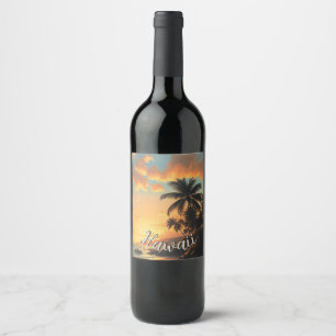 Etiqueta Para Botella De Vino Estilo vintage hawaiano viaje costa mar atardecer