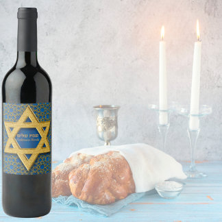Etiqueta Para Botella De Vino Estrella de David Blue Gold Shabbat Shalom