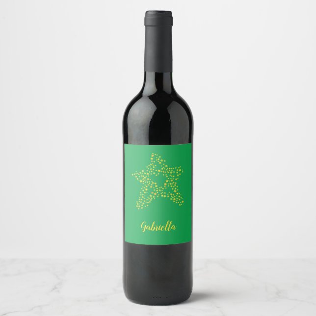 Etiqueta Para Botella De Vino Estrellas amarillas en verde (Anverso)