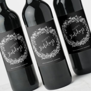 Etiqueta Para Botella De Vino Estrellas Plateadas Felices Fiestas Negro