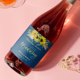Etiqueta Para Botella De Vino Etiqueta de Boda de girasol azul
