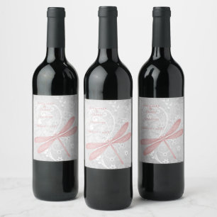 Etiqueta Para Botella De Vino Etiqueta de Boda de la libélula rosa