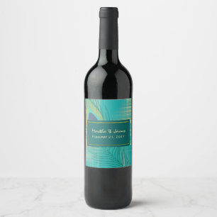 Etiqueta Para Botella De Vino Etiqueta de Boda de plumas de pavo real verde azul