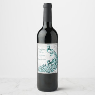 Etiqueta Para Botella De Vino Etiqueta de Boda de vino de hoja de pavo verde azu
