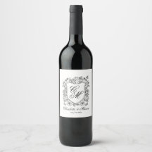 Etiqueta de botella de vino de boda con cresta flo