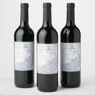 Etiqueta Para Botella De Vino Etiqueta de vino Boda de hoja de pavo real azul cl