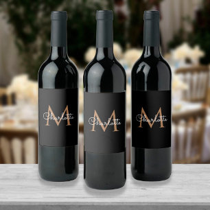 Etiqueta Para Botella De Vino Etiqueta de vino con monograma de oro negro y letr