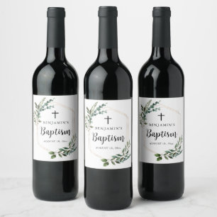 Etiqueta Para Botella De Vino Etiqueta de vino de bautizo Cruz Dorada Follaje Ve