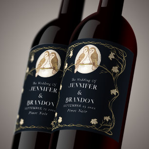 Etiqueta Para Botella De Vino Etiqueta de vino de boda con búhos elegantes Art N