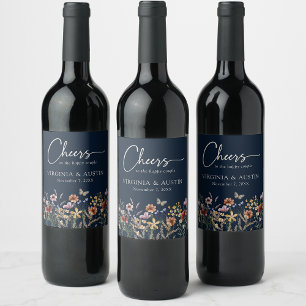 Etiqueta Para Botella De Vino Etiqueta de vino de boda floral Azul Marino Cheers