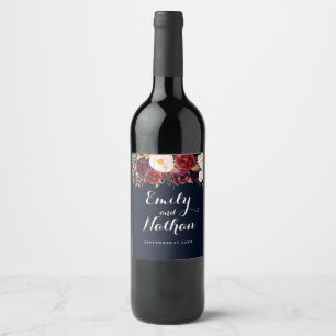 Etiqueta Para Botella De Vino Etiqueta de vino de boda floral burgundy Navy de o