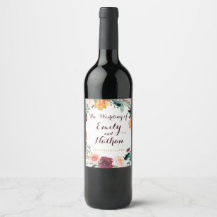 Etiqueta Para Botella De Vino Etiqueta de vino de boda floral dorada de Borgoña