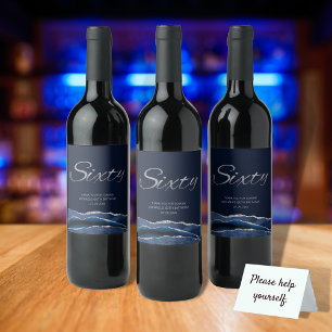 Etiqueta Para Botella De Vino Etiqueta de vino de cumpleaños 60 Navy Blue Silver