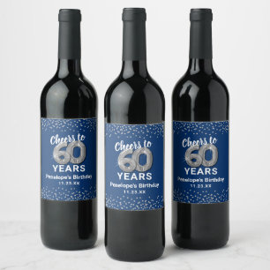 Etiqueta Para Botella De Vino Etiqueta de vino de Feliz 60 cumpleaños Blue Silve