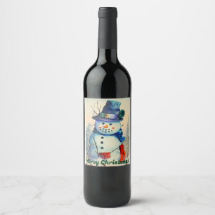 Etiqueta Para Botella De Vino Etiqueta de vino de muñeco de nieve acuarela
