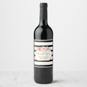 Etiqueta Para Botella De Vino Etiqueta de vino de oro floral rosa de franjas neg