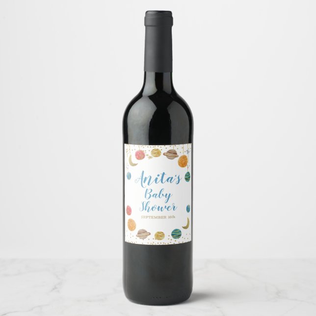 Etiqueta Para Botella De Vino Etiqueta de vino para Baby Shower de planetas y es (Anverso)