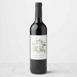 Etiqueta Para Botella De Vino Eucalipto Verde Rústico Fern Foliage Cross Baptism