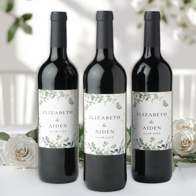 Etiqueta Para Botella De Vino Eucalyptus Boda (Eucalyptus Wedding Wine Label with your name and date.)