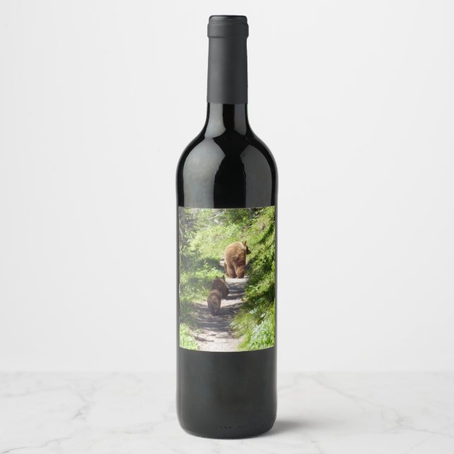 Etiqueta Para Botella De Vino Familia de oso marrón (Anverso)