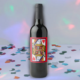 Etiqueta Para Botella De Vino Fancy Colorful Heart Queen Jugando con la tarjeta 