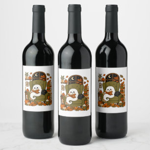 Etiqueta Para Botella De Vino Fantasma Lindo Leyendo Libro Gato Negro Otoño Cala