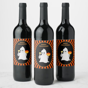 Etiqueta Para Botella De Vino Fantasma y calabaza de Halloween