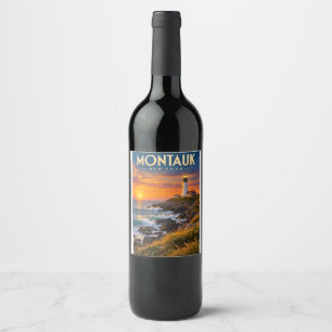 Etiqueta Para Botella De Vino Faro de Montauk Point al atardecer Nueva York