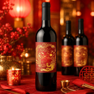 Etiqueta Para Botella De Vino Favor de Boda Chino Dragón Rojo Fénix Dorado