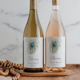 Etiqueta Para Botella De Vino Favor de Ducha de Novia Pluma de Pavo Real Acuarel