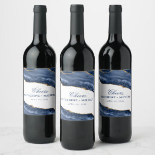 Etiqueta Para Botella De Vino Favor de la boda de la frontera azul y oro agate
