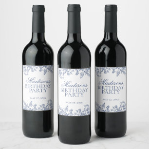 Etiqueta Para Botella De Vino Favoritos de cumpleaños florales vintage azul chin