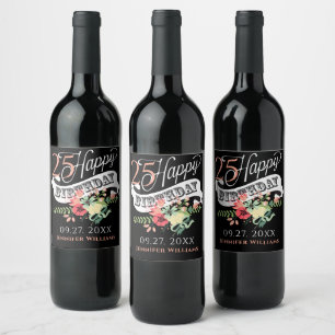 Etiqueta Para Botella De Vino Felices 25 años Tipografía y Flores
