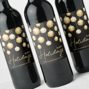 Etiqueta Para Botella De Vino Felices Fiestas Adornos de Navidad de Oro Negro
