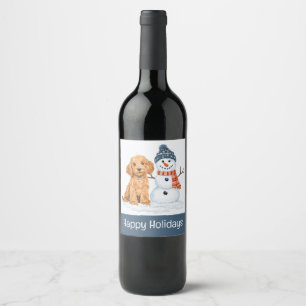 Etiqueta Para Botella De Vino Felices Fiestas Goldendoodle Perro Muñeco de Nieve