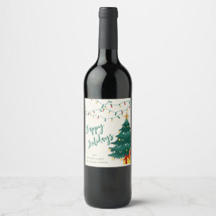 Etiqueta Para Botella De Vino Felices Fiestas Luces de Cadena de Navidad Árbol L