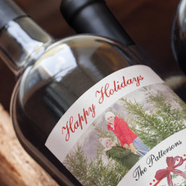 Etiqueta Para Botella De Vino Felices fiestas Mistletoe Red Bow Family Photo