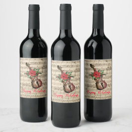 Etiqueta Para Botella De Vino Felices fiestas Vintage Violín y Música de Hoja