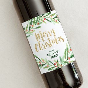 Etiqueta Para Botella De Vino Felices Navidad de la guirnalda del acebo
