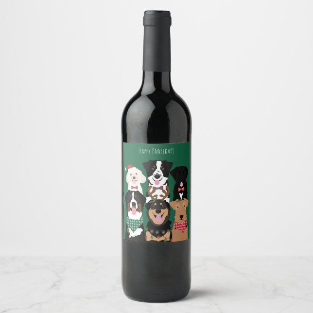 Etiqueta Para Botella De Vino Felices Pawlidays Cute Navidades Perros (Anverso)