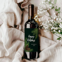 Etiqueta Para Botella De Vino Felices vacaciones acuarela Pine Green Navidades