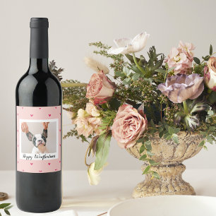 Etiqueta Para Botella De Vino Felices Wooflentines Con Foto De Perro   Rojo y Ro
