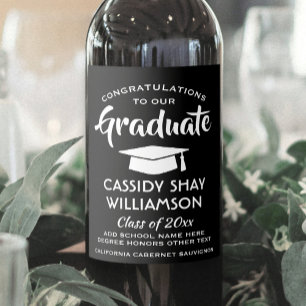 Etiqueta Para Botella De Vino Felicidades Graduado Moderno Negro y Blanco