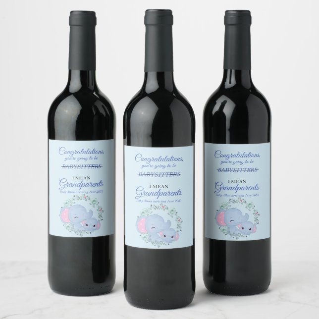 Etiqueta Para Botella De Vino Felicitaciones Abuelos Elefantes Niño (Botellas)